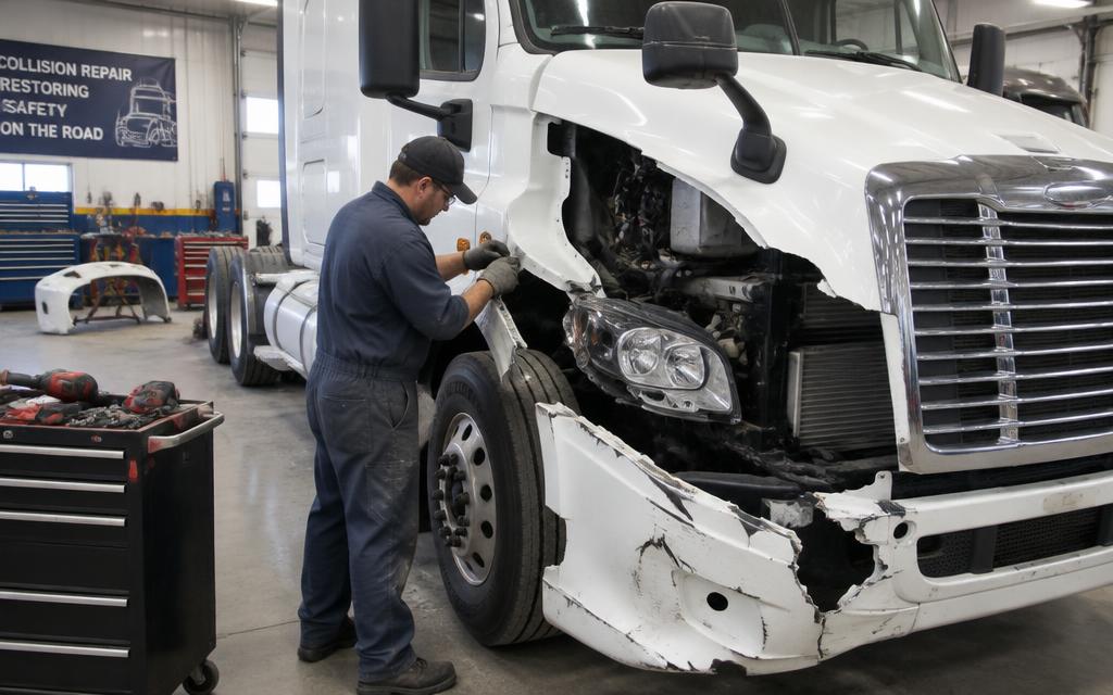 Tractocamión en reparación por colisión